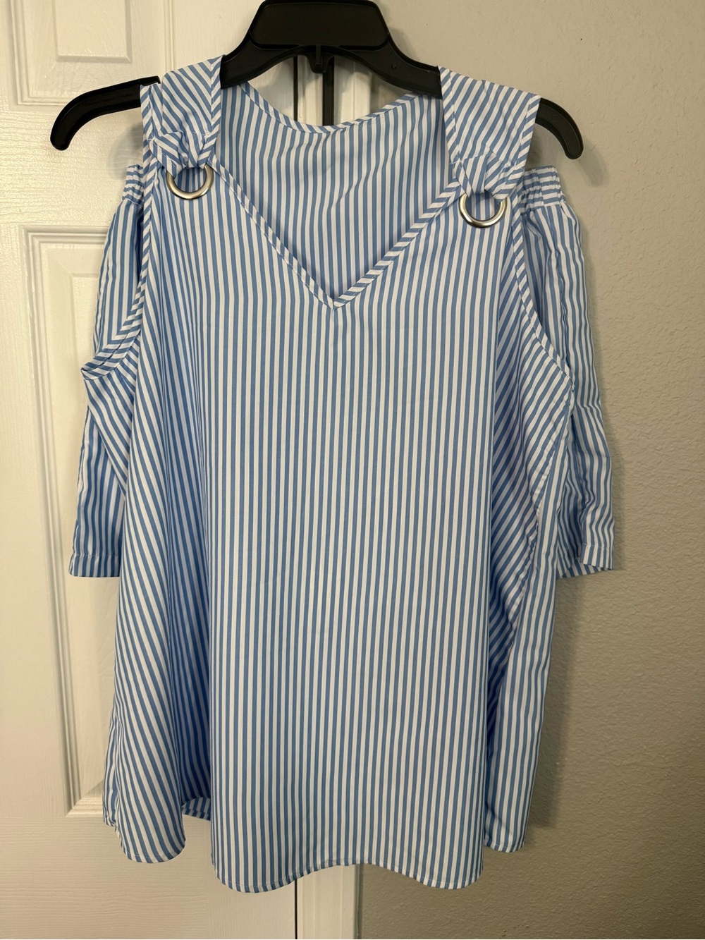 SHEIN Light Blue & White Striped Cold-Shoulder Blouse with Shorts Set